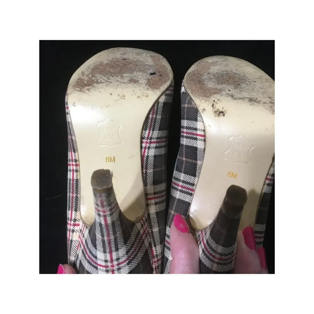 Diba Girl Shoes Brown, Tan & Red Plaid Peep Toe Pin Up Leather Sole 4